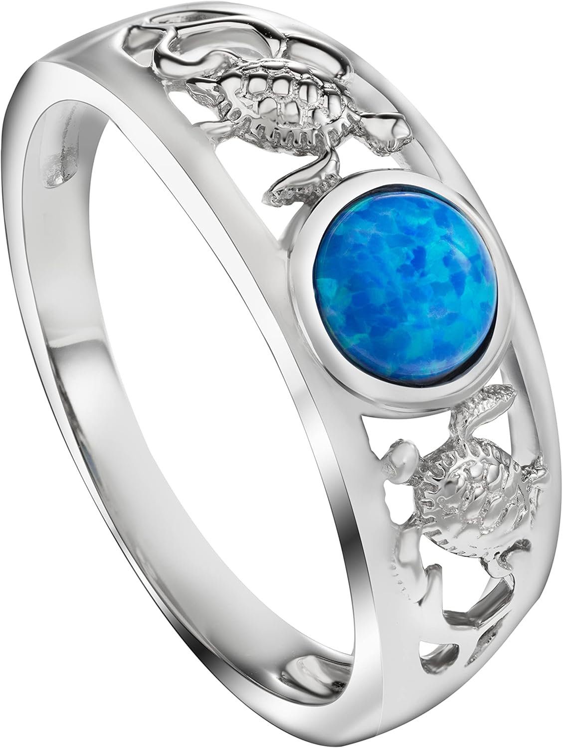 Sterling Silver Opal Two Sea Turtles Tapered Wedding Ring Eternity Band for Women, Hawaiian Island Tropical Ocean Jewelry Gemstone, Gift Box Included (Blue Opal, 10)