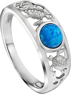 Sterling Silver Opal Two Sea Turtles Tapered Wedding Ring Eternity Band for Women, Hawaiian Island Tropical Ocean Jewelry Gemstone, Gift Box Included