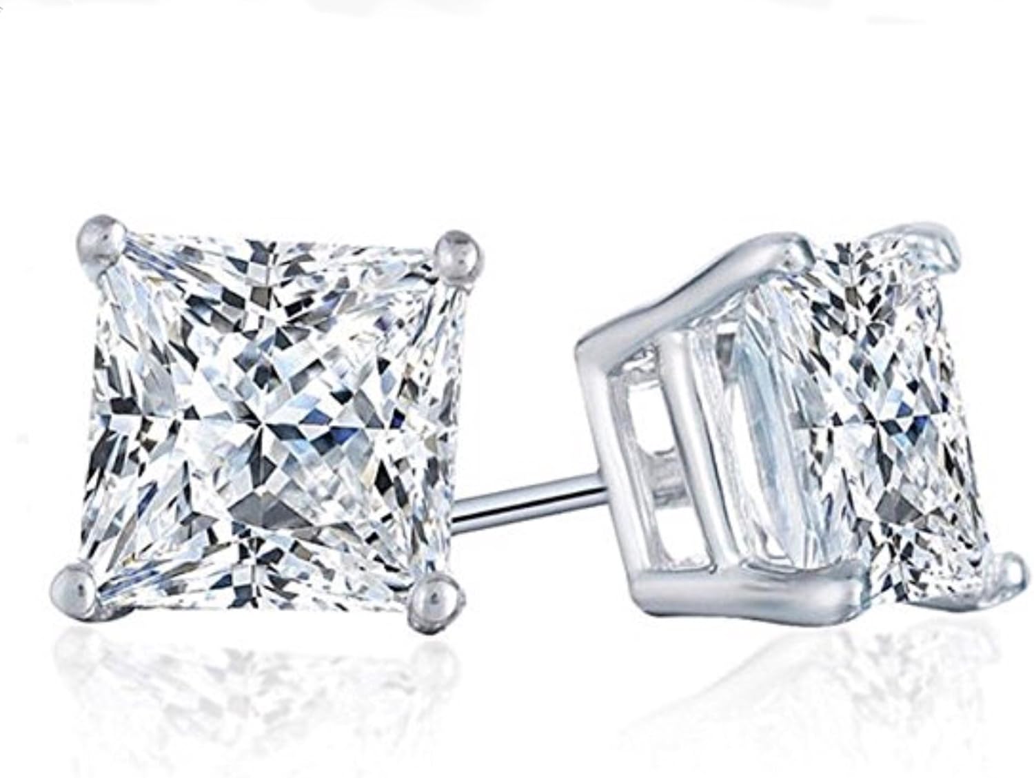 Supreme Realistic Princess Cut NSCD Simulated Diamond Solitaire Earrings Earstuds Screw Back Solid 925 SIlver Platinum Plated 1 2 Carats different sizes 5mm 6mm 7mm