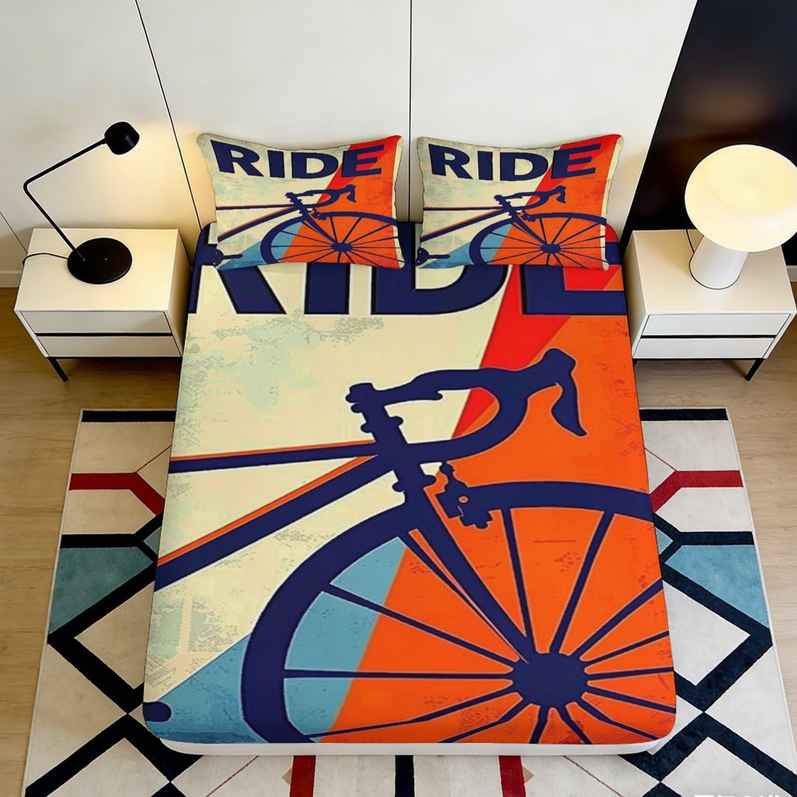 3D Printed Bicycle Fitted Sheet Microfiber Deep Pocket Non-Slip Bedroom Bedding Full Wrap Bicycle Mattress Fitted Cover for Adults Teens 200x200x25cm 90x200x25cm