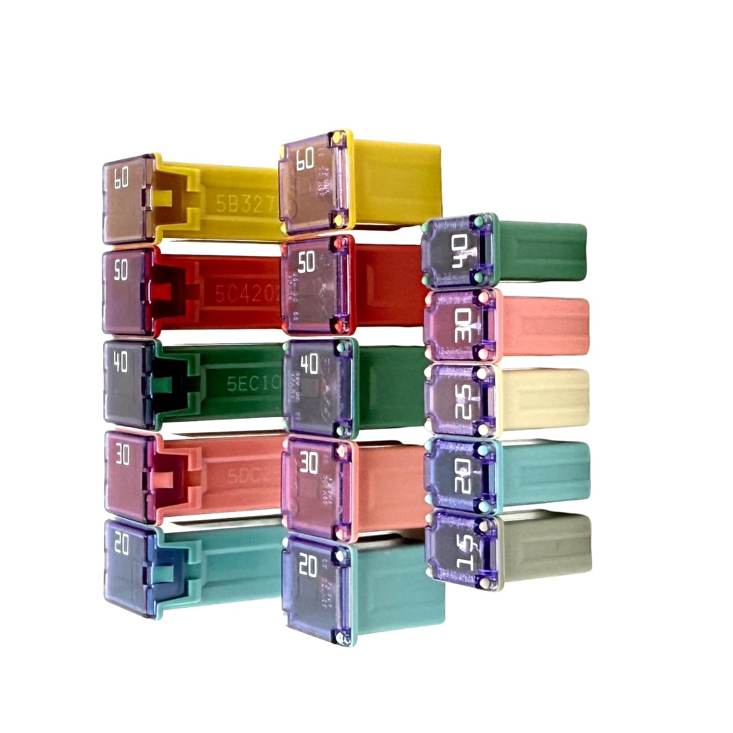15 Pcs Cartridge Fuse Assortment Kit, 15A/20A/30A/40A/50A/60A Mini Low and Tall Car Square Micro Jcase Fuse Replacements for Trucks SUVS and Automotives