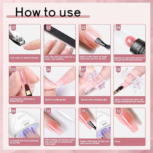 Miniatura 7 de JEWHITENY Kit de uñas de gel de extensión de poliéster de 14 colores con lámpara U V, color nude, rosa, blanco, marrón, todo en uno, kit de 14 Poly