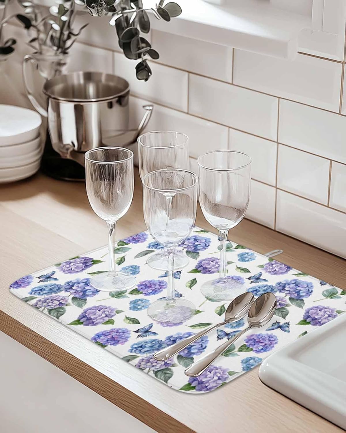 Dish Drying Mat for Kitchen, Retro Pastoral Hydrangea Butterfly Watercolor Absorbent Dish Drying Pad, Kitchen Counter Mat for Dishes Utensils Camping, 16"x18"(2 Pcs)