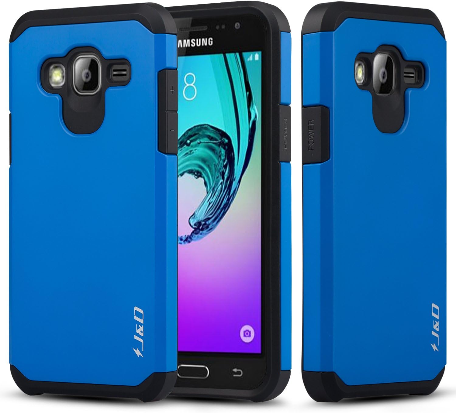 J&D Compatible for Galaxy J3 / J3 2016 / J3 V/Amp Prime / J3 Sky/Express Prime Case, Heavy Duty Dual Layer Hybrid Shock Proof Protective Rugged Bumper Case for Samsung Galaxy J3 Case, Blue