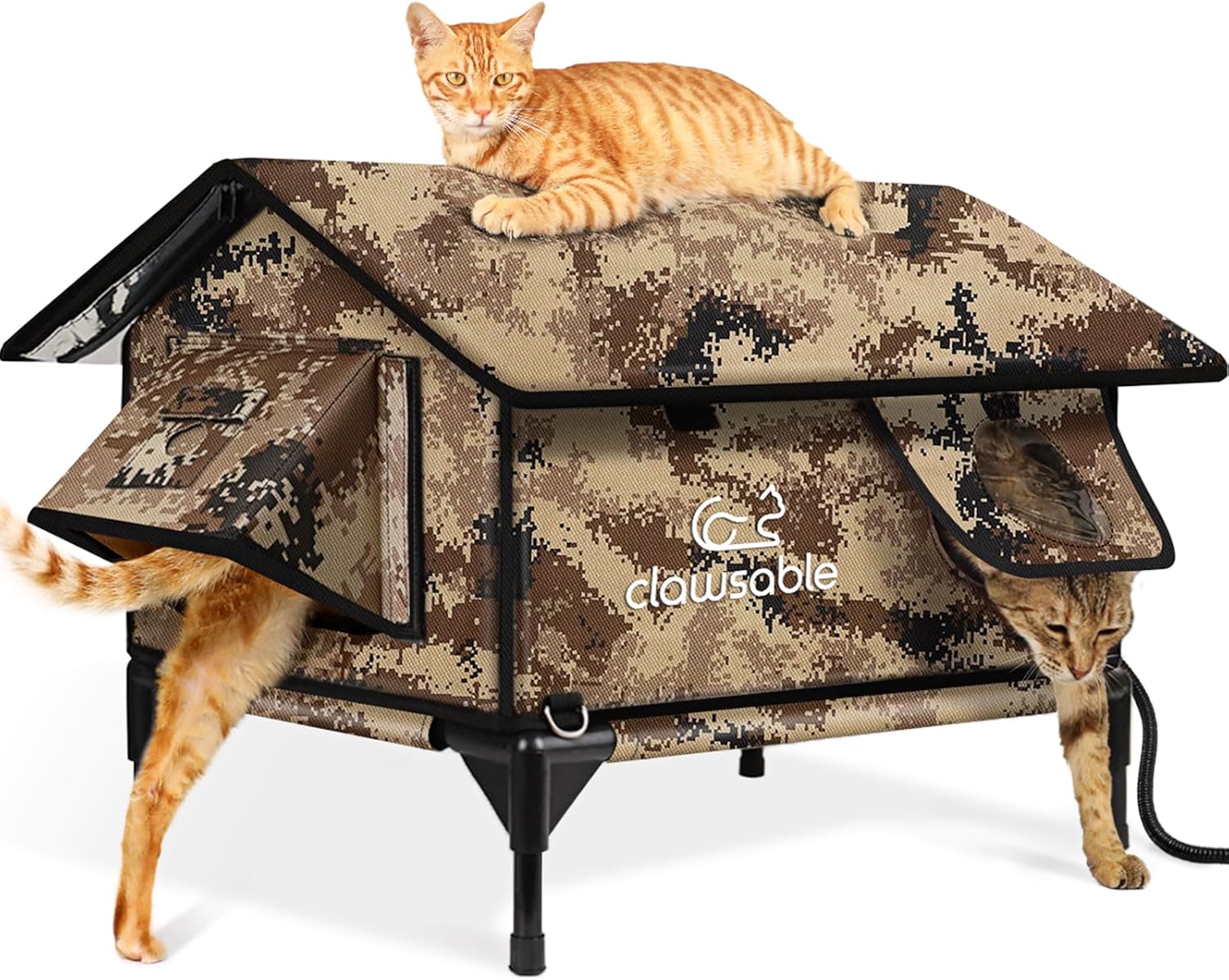 Indestructible Gable Roof Heated Cat House for Outside Winter, 100% Waterproof, Safe Escape Door, Insulated Outdoor Cat Shelter with Heater for Feral Barn Cat Kitty (Desert Camouflage, 24"x16"x19")