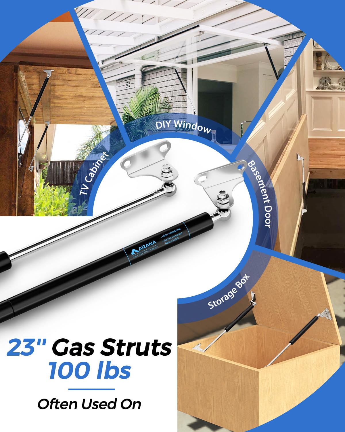 23 inch 100 lb Gas Prop Strut Shock 23" 445N/100LB Gas Spring Struts, 2Pcs Set with L-Type Mounting Brackets for Heavy Duty RV Bed Murphy Bed Large Garbage Box Floor Hatch Custom Window ARANA