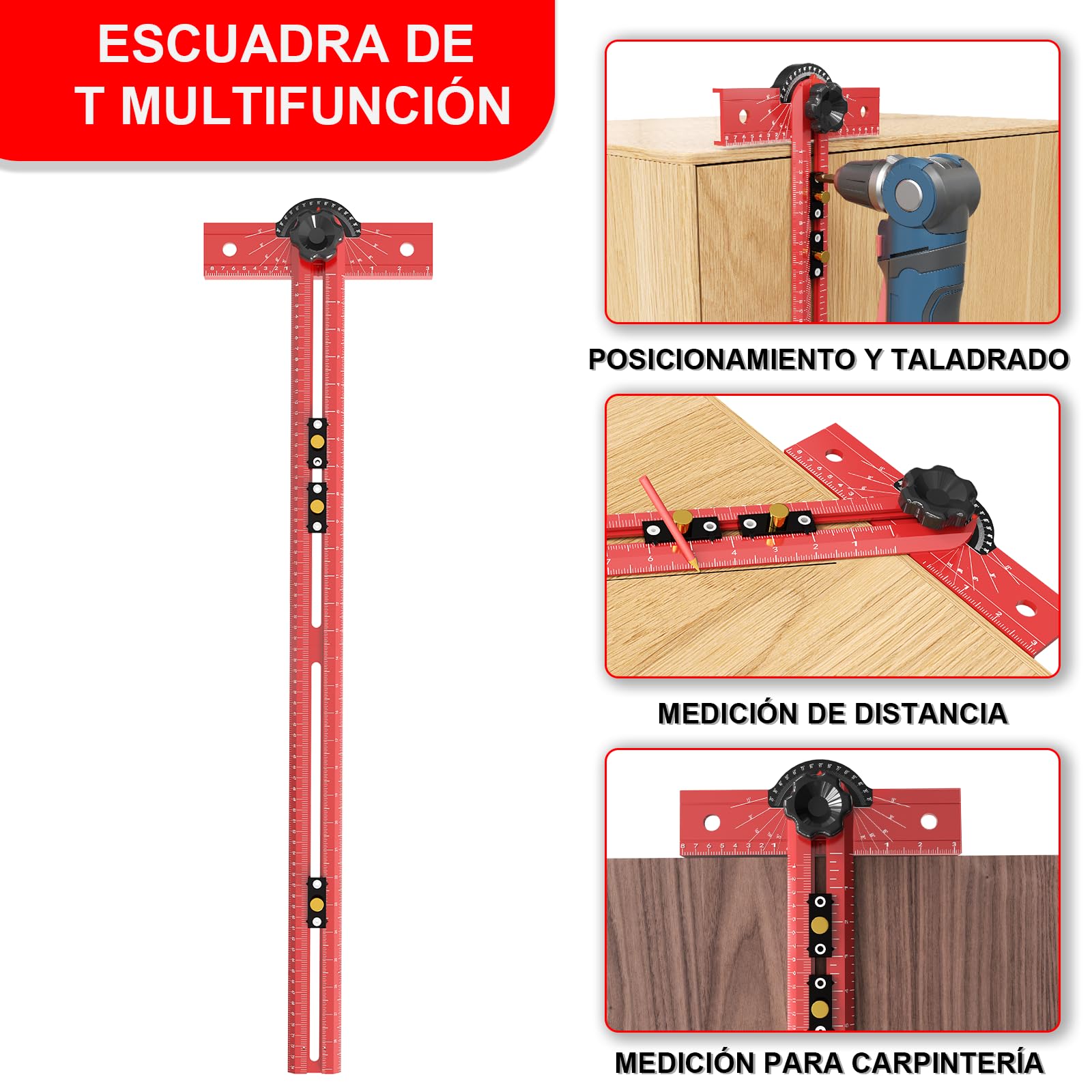 Escuadra en T de Carpintería de 74cm Herramienta de Medición con Ángulo Ajustable 15-165°, Cuerpo de Aleación de Aluminio, Guía de Taladro de Precisión para Carpintería, Dibujo Técnico