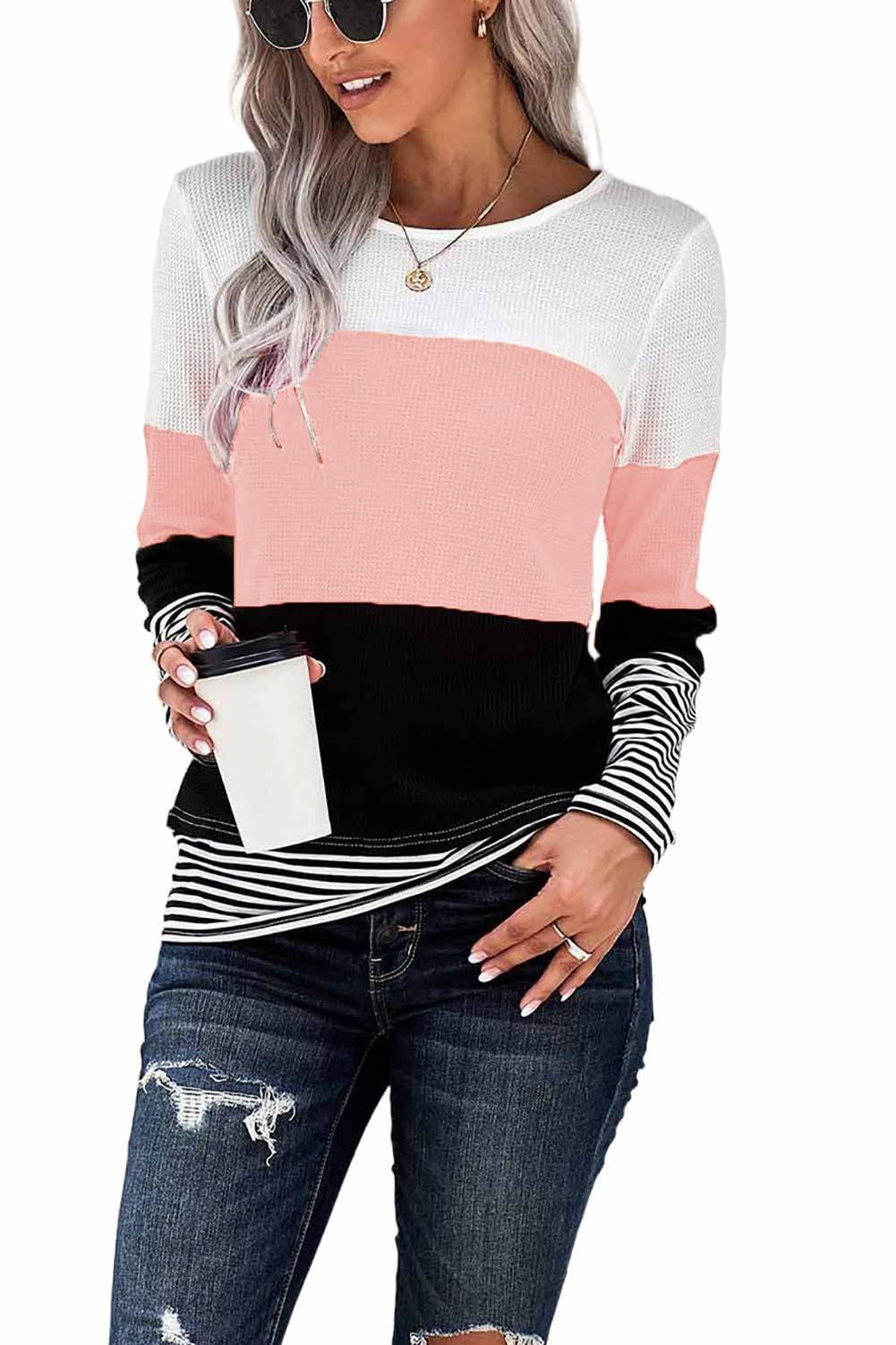 Smeng Women's A-Pink Spring Oversized T Shirts For Uk Plus Size Tops Crew Neck Comfy Jumper Soft Blouse Striped Splice Tunic Pink Size Uk18-20