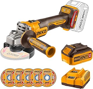 INGCO 20V Cordless Brushless Angle Grinder 100mm, 900W, M10, 3-Speed Adjustment 3000/6000/9000RPM, With 1Pcs 4.0Ah Battery And Charger CAGLI261021