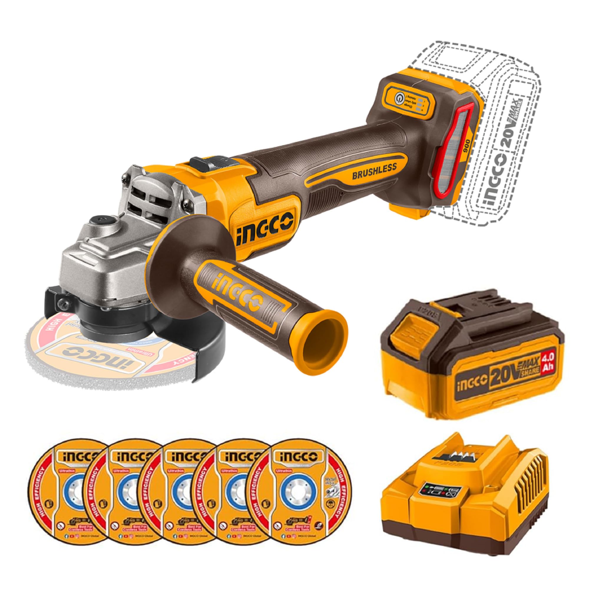 INGCO 20V Cordless Brushless Angle Grinder 100mm, 900W, M10, 3-Speed Adjustment 3000/6000/9000RPM, With 1Pcs 4.0Ah Battery And Charger CAGLI261021-picture-23