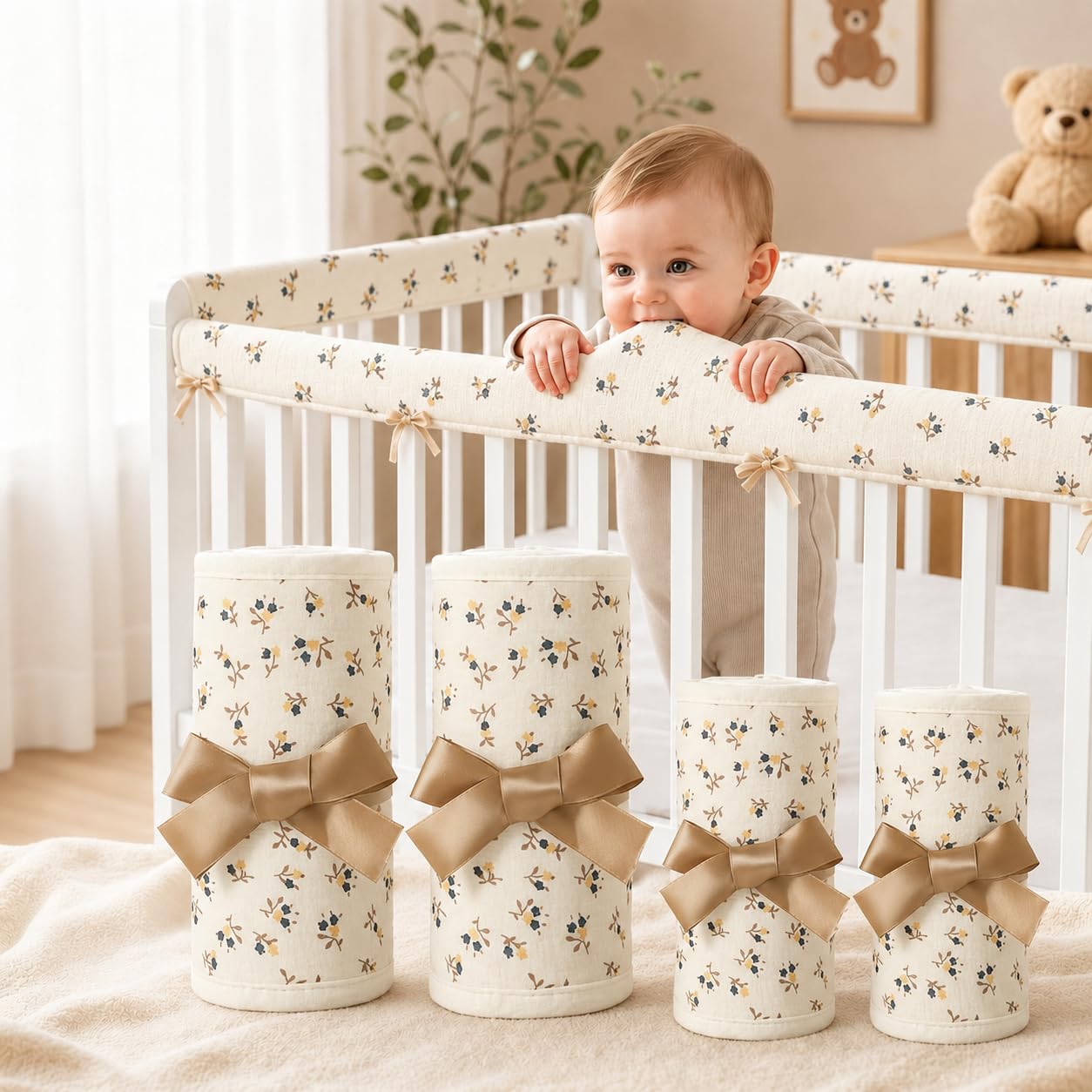 4PCS Crib Rail Teething Guard - Crib Rail Covers for Teething,2027 New Crib Protector for Sides,Soft CribRail Padding,Teething Pad Set for Front and Back Rails