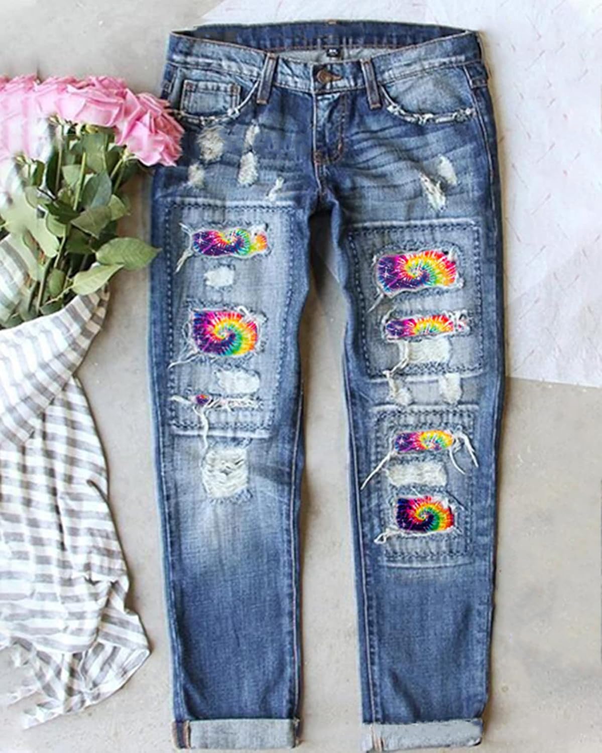 Womens Boyfriend Jeans Mid Waist Ripped Hole Colorful Tie-Dye Print Patch Straight Trousers Denim Pants