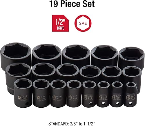 Miniatura 8 de Sunex 2640 juego de llaves de impacto de 12 pulgada 19 piezas SAE 38 pulgadas - 1-12 pulgadas acero de aleación Cr-Mo diseño de esquina radio marcas