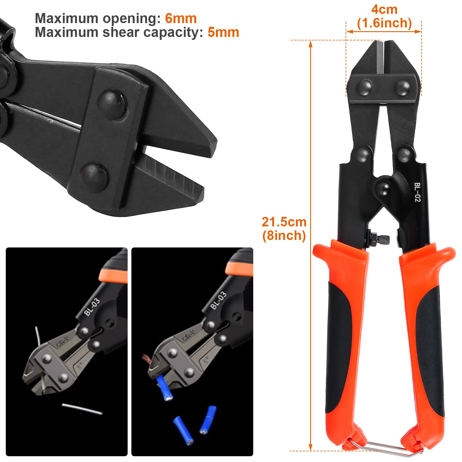 Heavy Duty Bolt Cutters, 8 Inch Mini Bolt Croppers with Easy Grip Handles, Anti-Slip High Strength Screw Cutter Pliers for Fencing Barbed Wire Nails and Screw