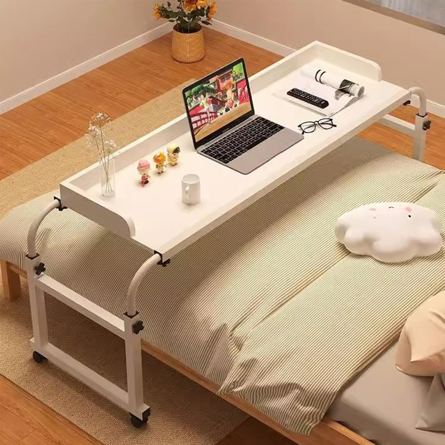 Overbed Table with Wheels Bed Desk Bedside Desk Height Adjustable Laptop Table for Bed Trays for Eating Built to Hospital Table (White) - White