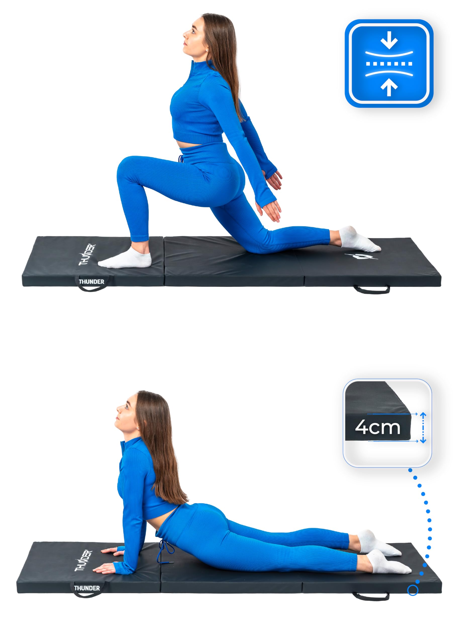THUNDER Colchoneta de Gimnasia Plegable 180x60x4/5 cm y 195x100x5 cm – Antideslizante, con Asas – para Artes Marciales y Fitness en Casa