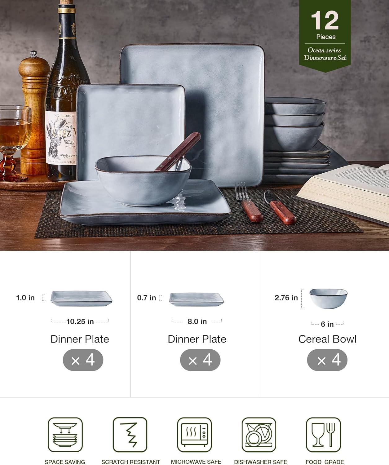 Famiware Dinnerware Sets for 4, Ocean Square 12-Piece Kitchen Plates and Bowls Sets, Reactive Glaze, Microwave and Dishwasher Safe, Scratch Resistant, Grey - Image 2