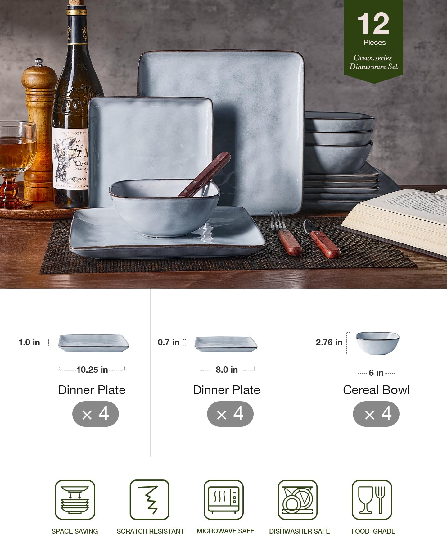 Amazon.com: Famiware Dinnerware Sets for 4, Ocean Square 12-Piece