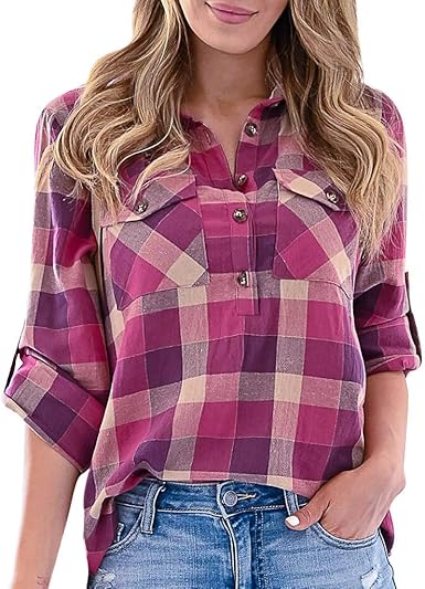 Camisa a Cuadros fácil Mujer con Botones Blusa Cuello Pico ...