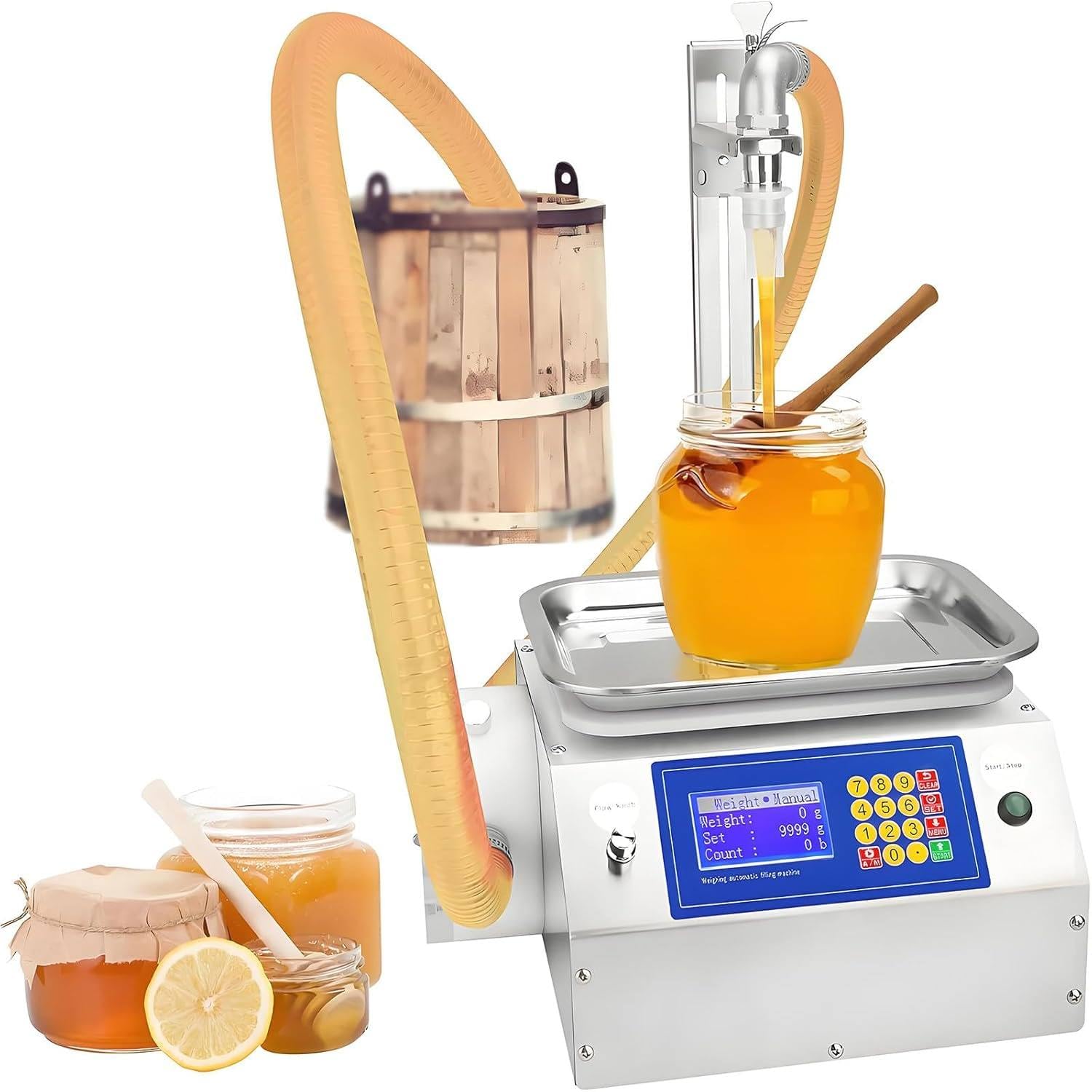 Riempitrice di liquidi per liquidi viscosi, controllo digitale, tara automatica, antigoccia, acciaio inossidabile, riempimento preciso per miele, olio, marmellata fino a 10 kg
