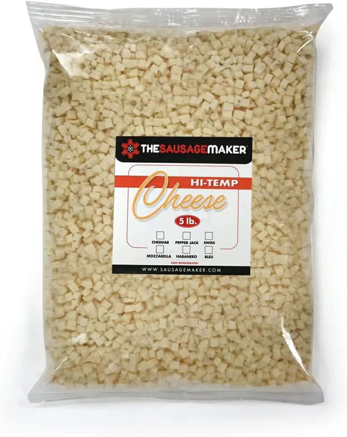 The Sausage Maker® High Temp Pepper Jack Cheese 5 Lbs Hi-Temp Cheese For Sausage Making, 1/4" Diced Cube, 400° Temperature High Heat Cheese For Grilling, Salami, Snack Sticks, Summer Sausage