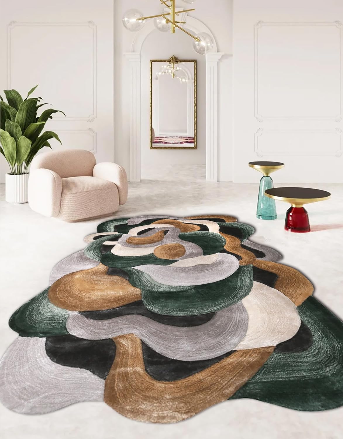 5x7 Irregular Shaped Area Rug for Living Room Bedroom Guestroom Indoor Throw Rugs Modern Abstract Art Meetingroom Home Office Lightweight Stain Resistant Floor Carpet Emerald Green Brown Gray