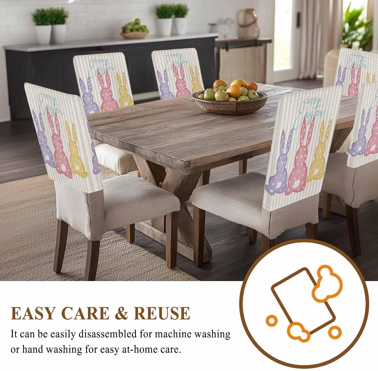 Happy Easter Chair Back Cover for Dining Room, Chair Covers Set of 6, Gray Striped Vintage Bunny Rabbits Removable Washable Slipcovers for Kitchen Hotel Banquet Decor,18x19in