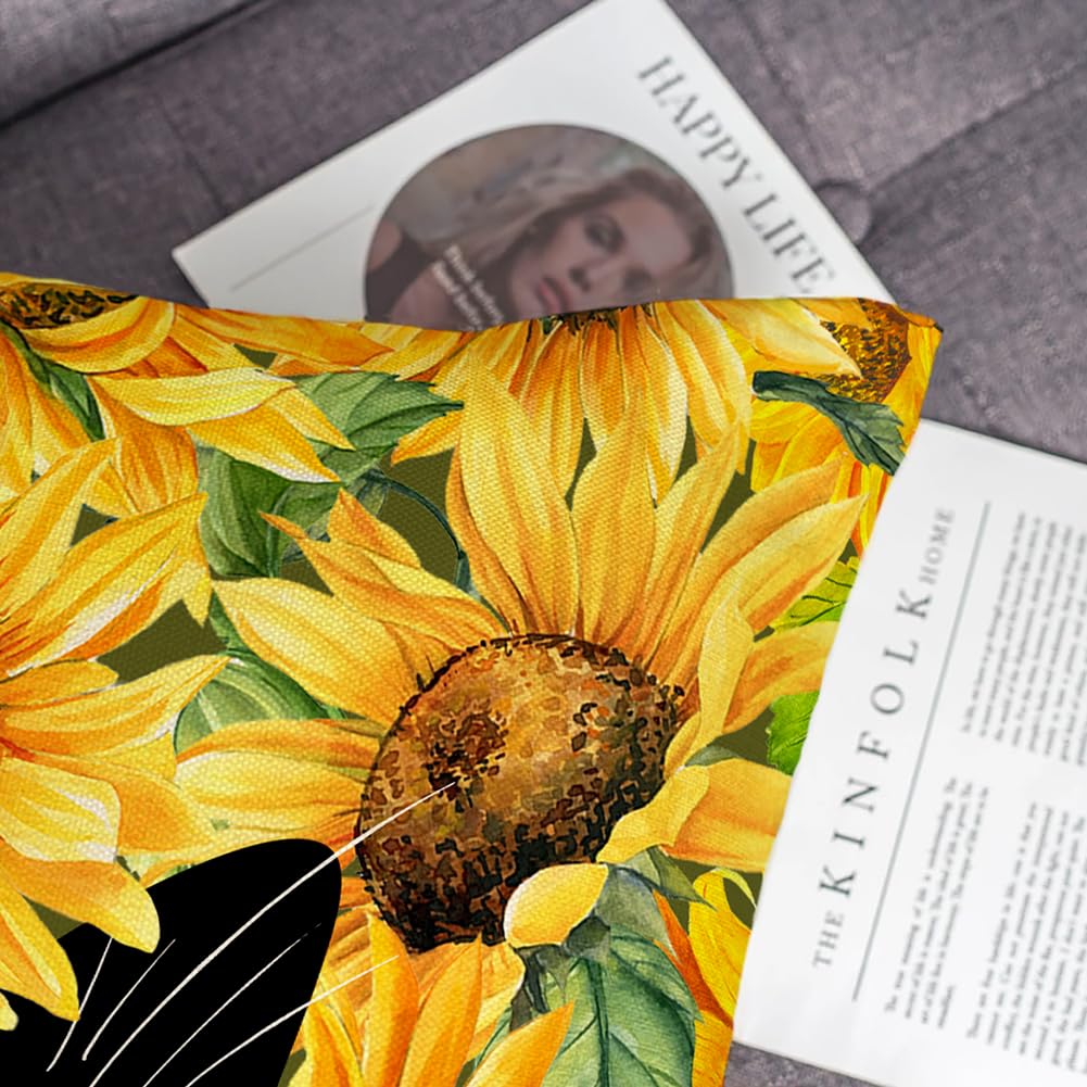 4TH Emotion Spring Summer Sunflowers Cat Lumbar Throw Pillow Covers 12 x 20 Inch, Yellow Flowers Welcome Farmhouse Holiday Cushion Case for Home Sofa Couch Decoration TH216-12 4