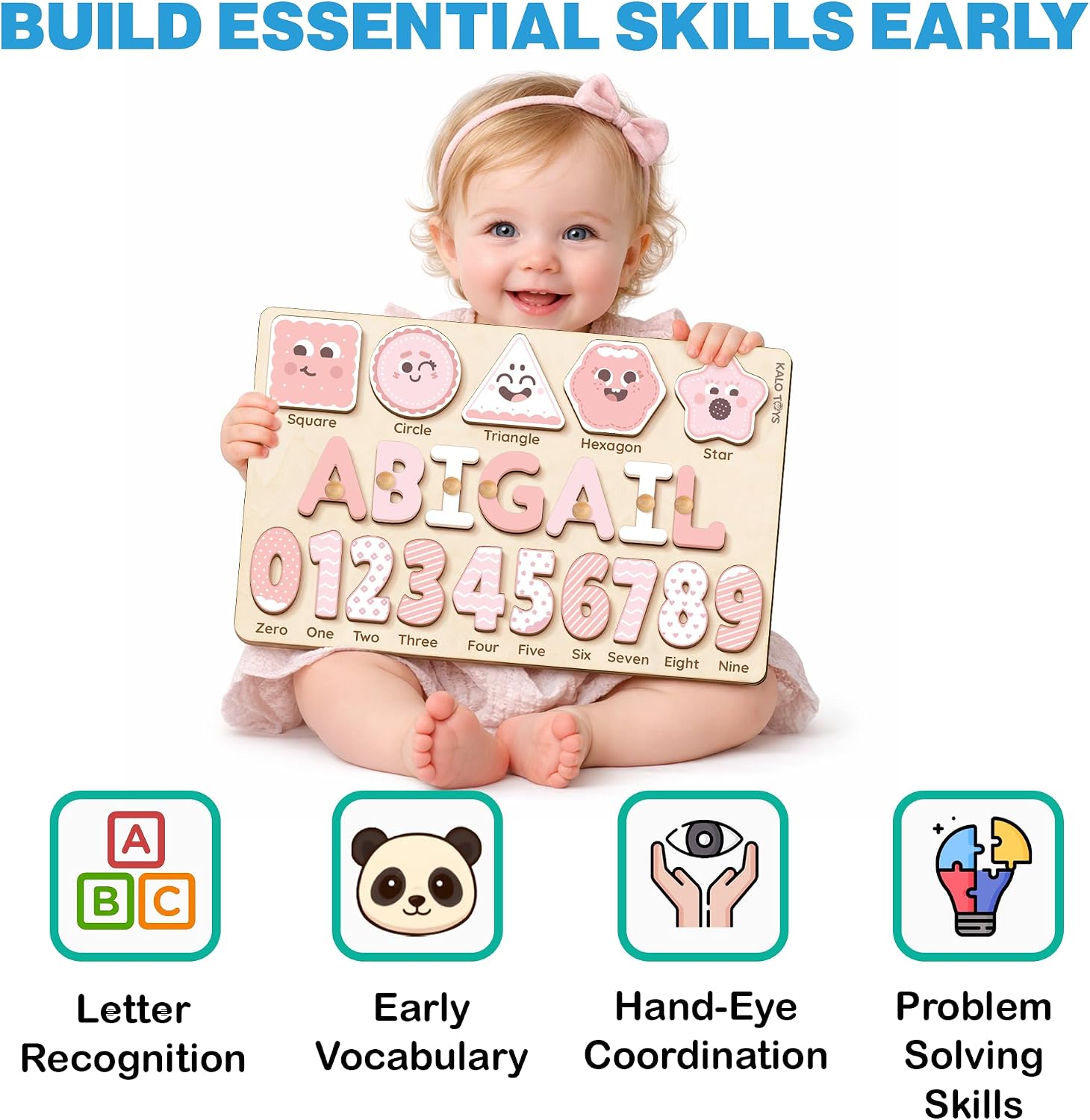 Wooden Name Puzzle for Toddlers 1-3, Personalized Name Puzzle with Animal Story Background, Baby Puzzle, Custom Baby Gift, First Birthday Gift for Boy Girl (Shapes and Numbers)