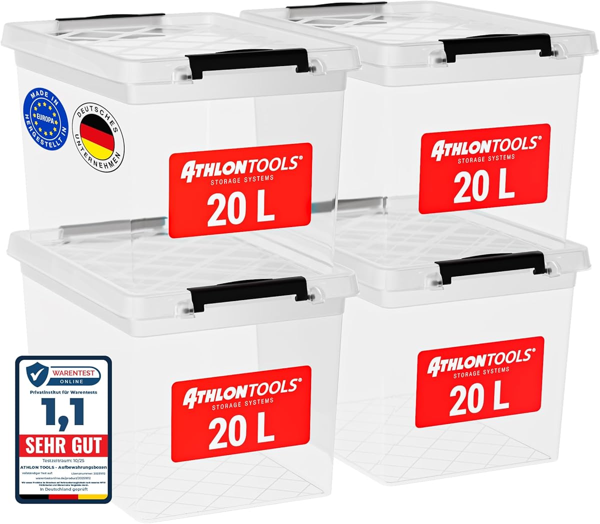 ATHLON TOOLS 4x 20 L Aufbewahrungsboxen mit Deckel, lebensmittelecht - Verschlussclips - 100% Neumaterial Plastik-Box transparent - Kleiderboxen stapelbar…