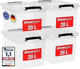 ATHLON TOOLS 4x 20 L Aufbewahrungsboxen mit Deckel, lebensmittelecht - Verschlussclips - 100% Neumaterial Plastik-Box transparent - Kleiderboxen stapelbar…