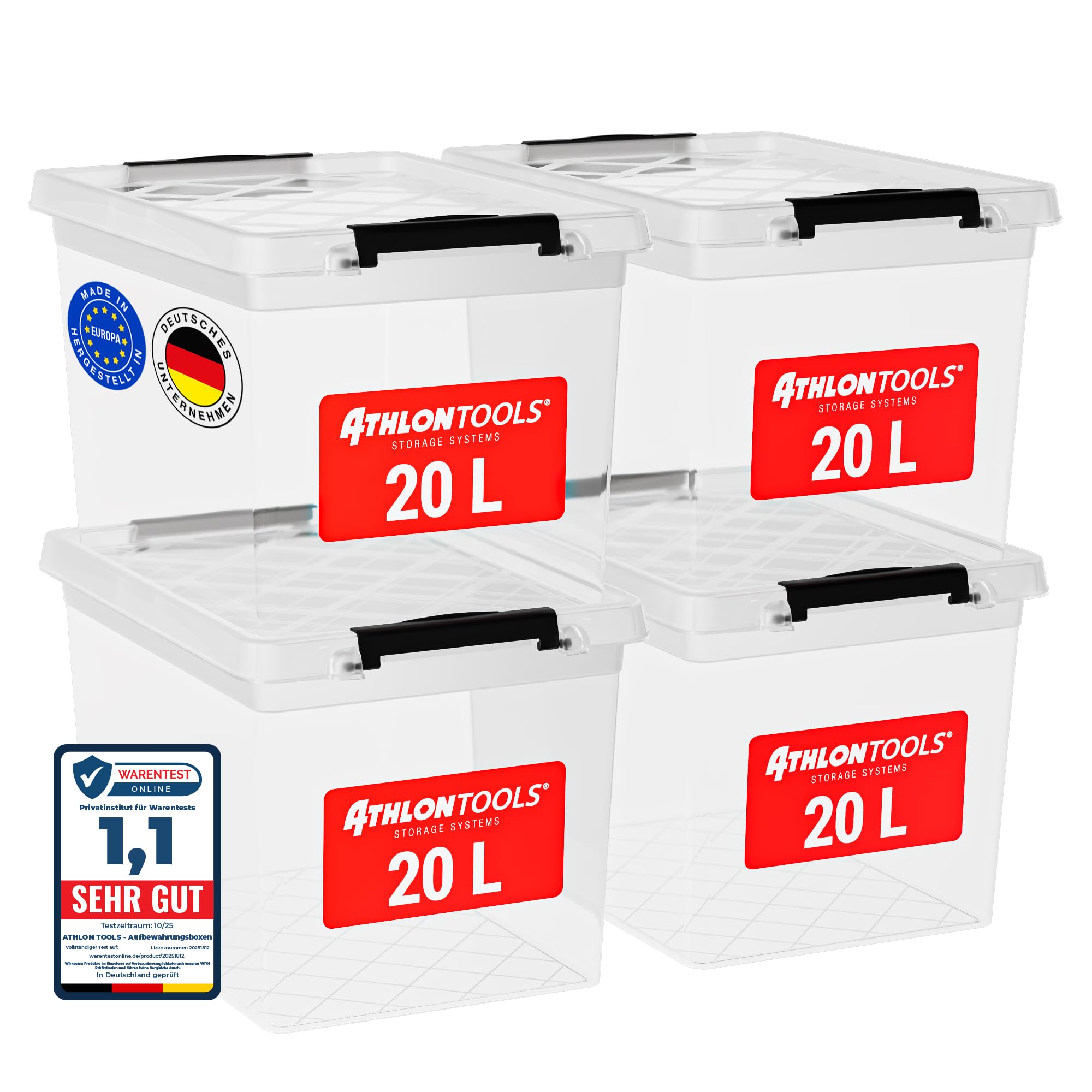 ATHLON TOOLS 4x 20 L Aufbewahrungsboxen mit Deckel — lebensmittelecht
