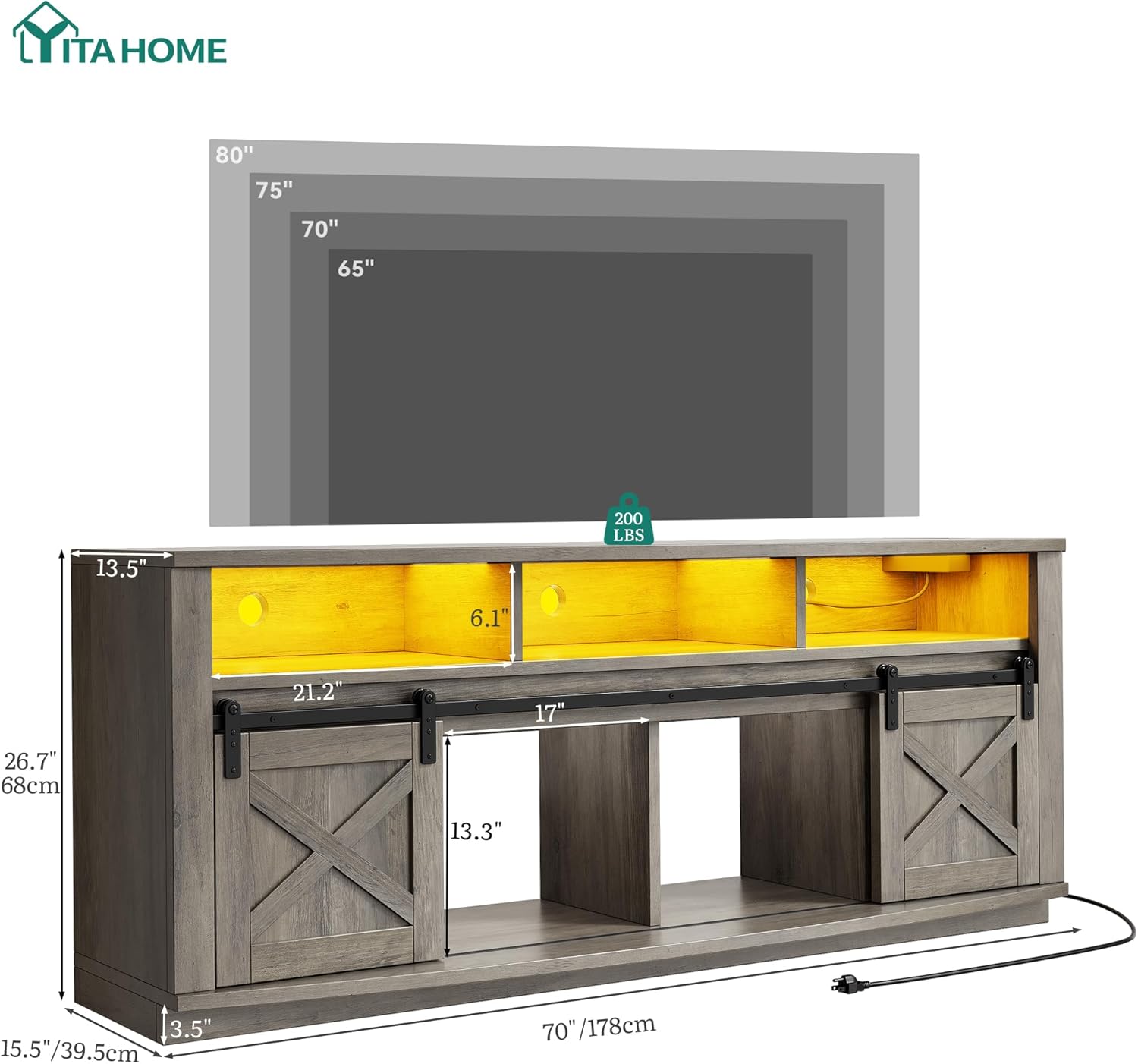 YITAHOME TV Stand for 75/80 Inch TV, Grey Entertainment Center 70 Inches Wide, Media Furniture TV Table with with Power Outlet, TV Consoles for Living Room, Curved Desktop, Sliding Barn Doors