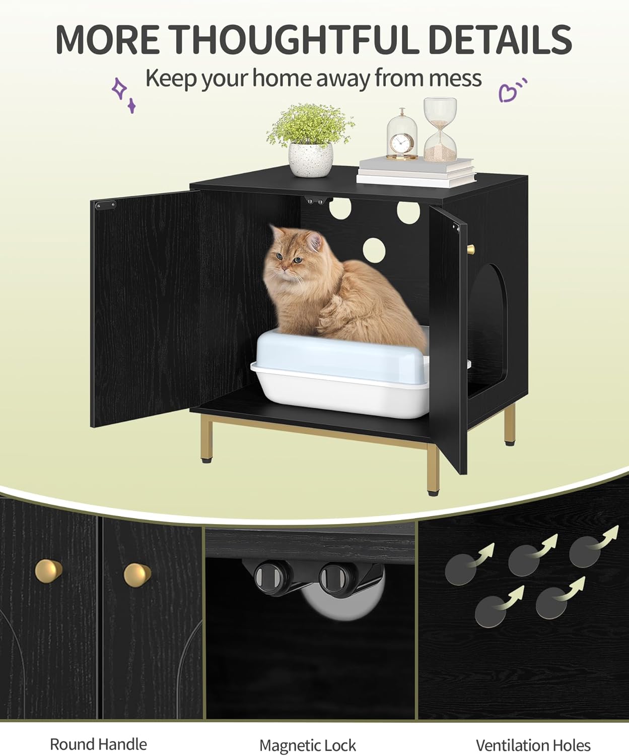 Hzuaneri Cat Litter Box Enclosure, Hidden Litter Box Furniture Cabinet, Wooden Indoor Cat House, Side End Table, Living Room, Bedroom, Black and Gold CB81204G