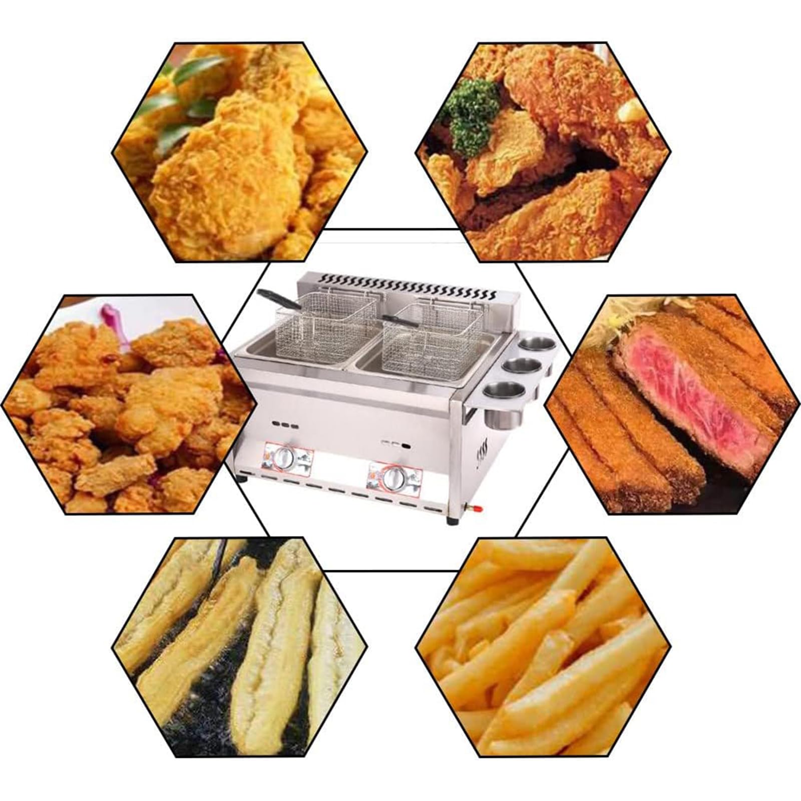 Friggitrice a gas di grande capacità, in acciaio inox, con potenza di fuoco regolabile, per uso domestico e commerciale, cestelli e coperchi inclusi, perfetto per patatine fritte ciambelle pesce