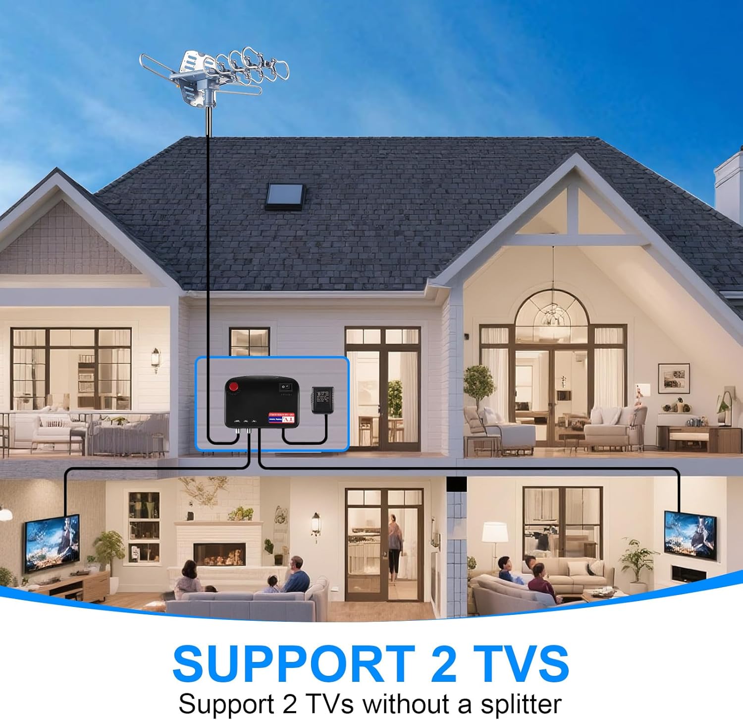 Diagram showing two televisions connected to the antenna system in different rooms