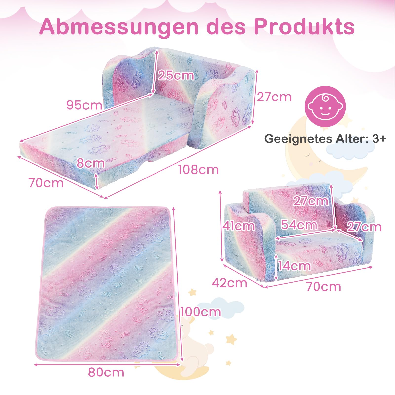 DREAMADE 2-in-1 Kindersofa, Klappbares Spielsofa aus Flanellstoff mit Decke & leuchtenden Mustern, Leuchtsofa Kindercouch Kindersessel Kindermöbel für Kinder ab 3 Jahren (Bunt)