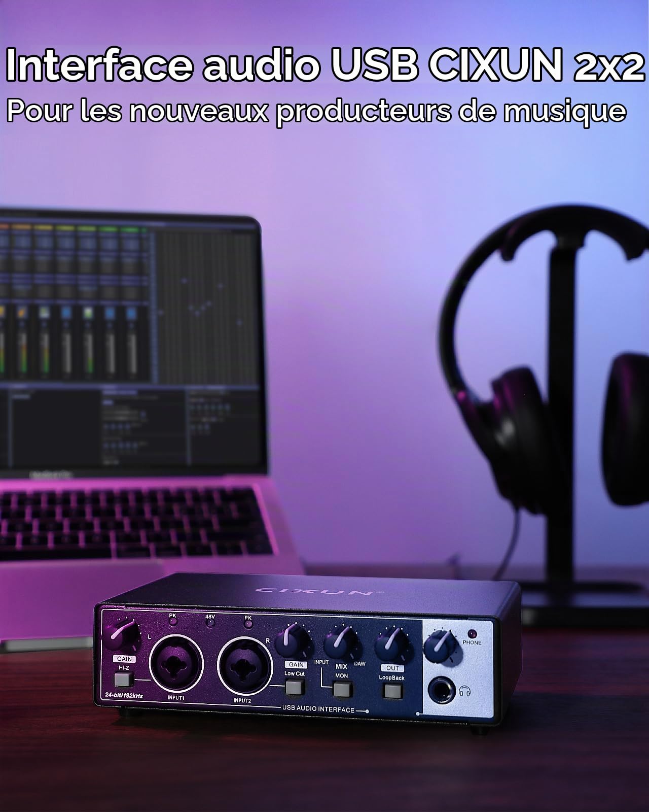 Carte Son Externe,2×2 Interface Audio USB-C pour PC,24 Bits/192 kHz, Doubles Entrées TS/XLR,Alimentation Fantôme +48 V,pour Studio/Podcast/Diffusion en Direct (Noir)