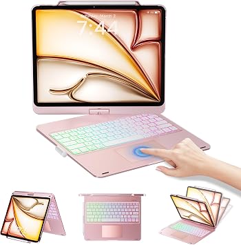 Keyboard Case for iPad Air 13-inch M2 2024 & iPad Pro 12.9-inch 6th/5th/4th/3rd Generation 2022, Trackpad, 360 Rotatable, 7-Colors Backlit Wireless Keyboard, Slim Folio with Pencil Holder, Pink