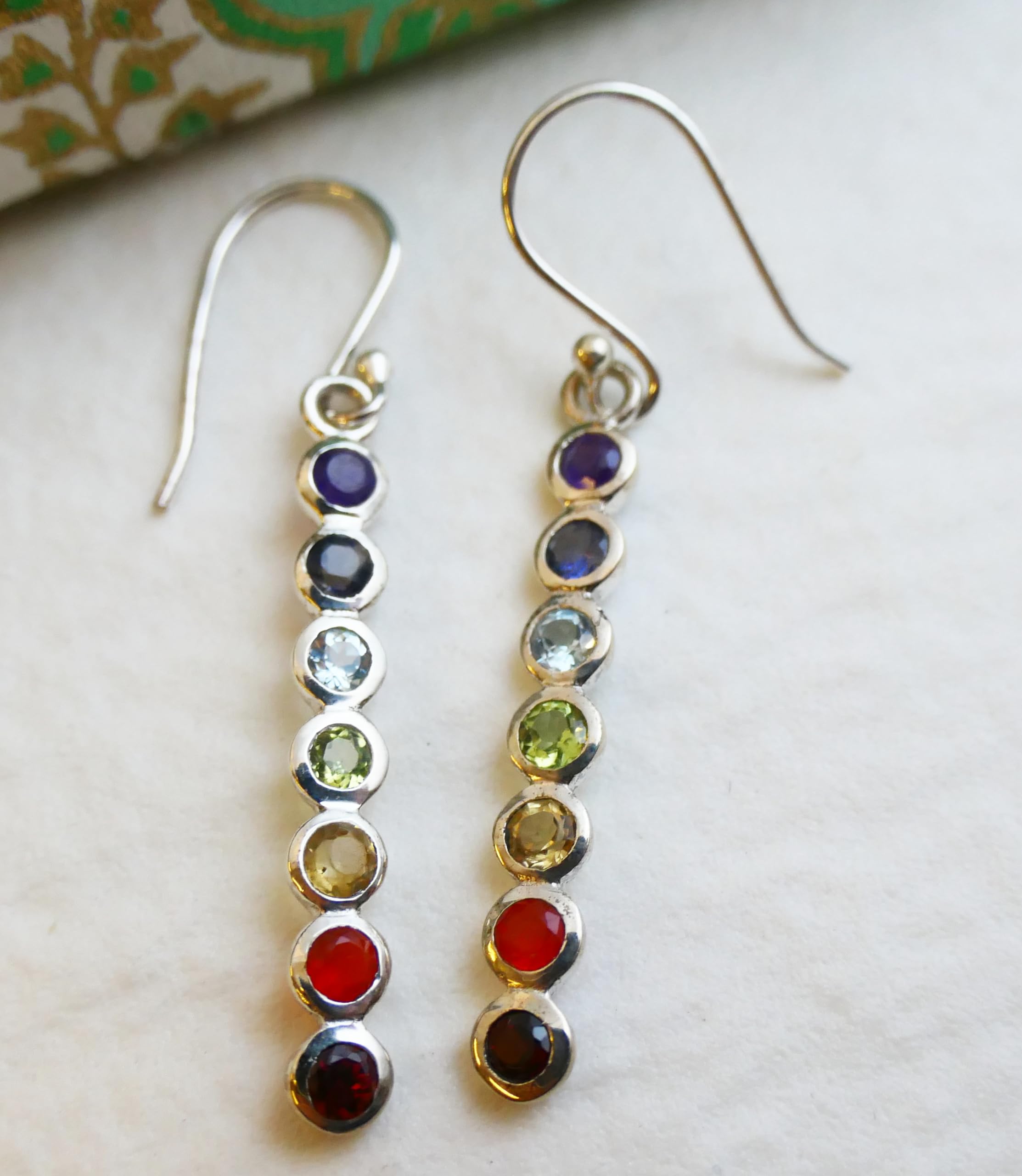 Orecchini Pendenti con Pietre Preziose Multicolori in Argento Sterling 925 |-Gioielli Arcobaleno da Donna con Design Lineare Elegante