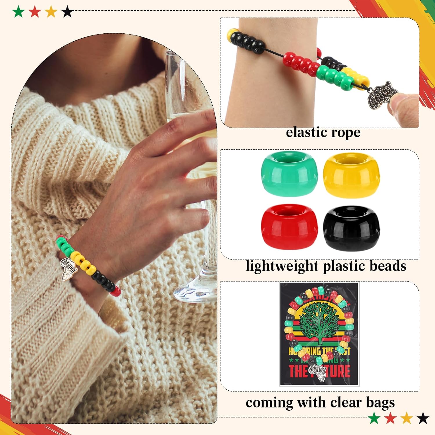 Tondiamo 50 Sets Black History Month Crafts Bracelet Making Kit Acrylic Pony Beads Africa Map Bracelet Jewelry for African American Party Activity Favors