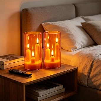 Da by 2 Pack 3D Wick Flameless Taper Candles, Orange Transparent Acrylic Cover, Remote Control Flickering LED Electric Candles, Battery Operated for Halloween Thanksgiving Christmas Home Decor.
