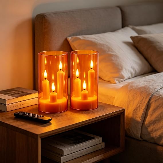 Da by 2 Pack 3D Wick Flameless Taper Candles, Orange Transparent Acrylic Cover, Remote Control Flickering LED Electric Candles, Battery Operated for Halloween Thanksgiving Christmas Home Decor.