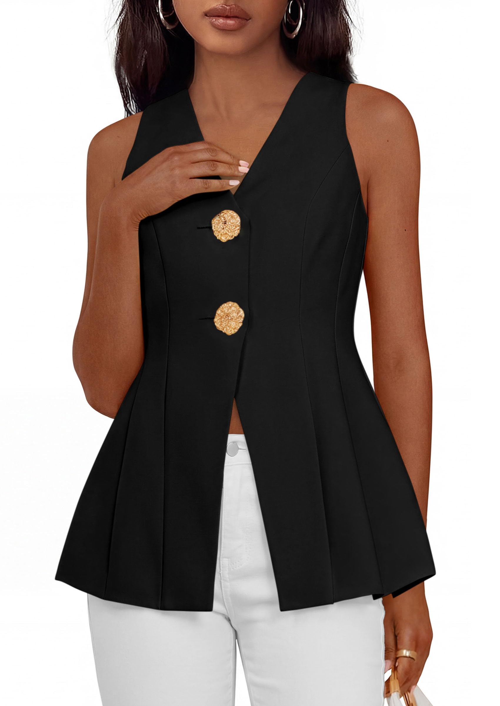 PRETTYGARDEN Womens Summer Sleeveless Blazer Vest Tops 2026 Trendy V Neck Button Down Business Casual Suit Vests Waistcoat