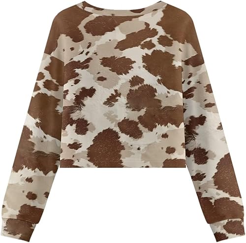 Girls Cropped Sweatshirt Kids Casual Pullover Sweatshirts Long Sleeve Crew Neck Crop Tops for Teen Girls 5-14 Years(Brown Cow Hide Print,7-8 Years)