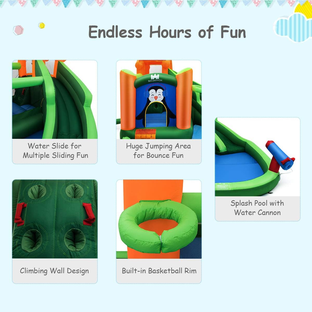 BOUNTECH Inflatable Water Slide, 6 in 1 Water Park Bounce House Combo for Outdoor Fun w/GFCI 750w Blower, Splash Pool, Climbing Wall, Blow up Waterslides Inflatables for Kids Backyard Gift Present