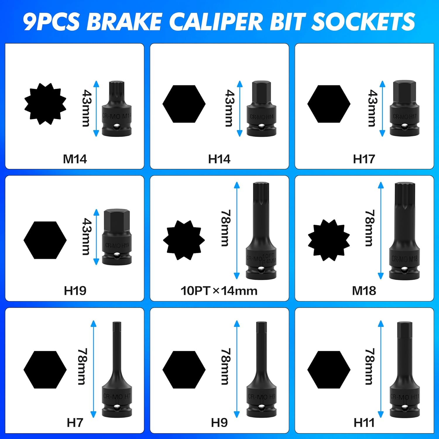 16-Piece 1/2" Drive Impact Brake Caliper Socket & Bit Set, Professional Grade CR-MO Steel, Includes 5PT 7PT 10PT Spline, M14 M18 & Hex Sockets