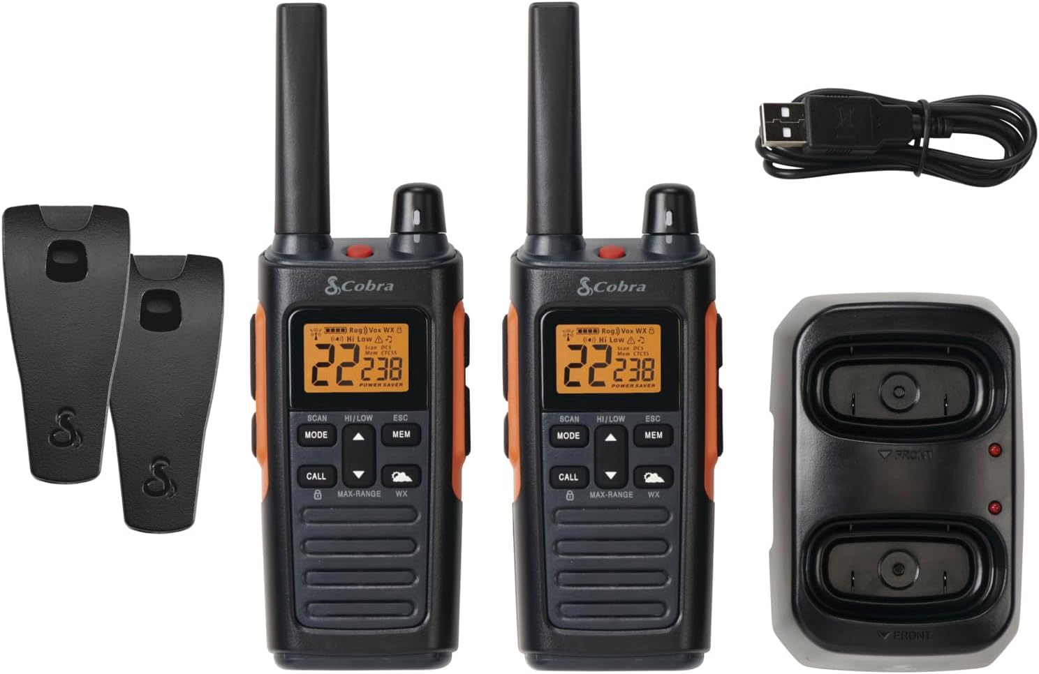 RX680 Walkie Talkies (2-Pack) - Rugged & Splashproof Two Way Radios Long Range, IP54 Water Resistant Design, 60 Pre-Programmed Channels, Weather Alerts, Included Charging Dock (Black/Orange)