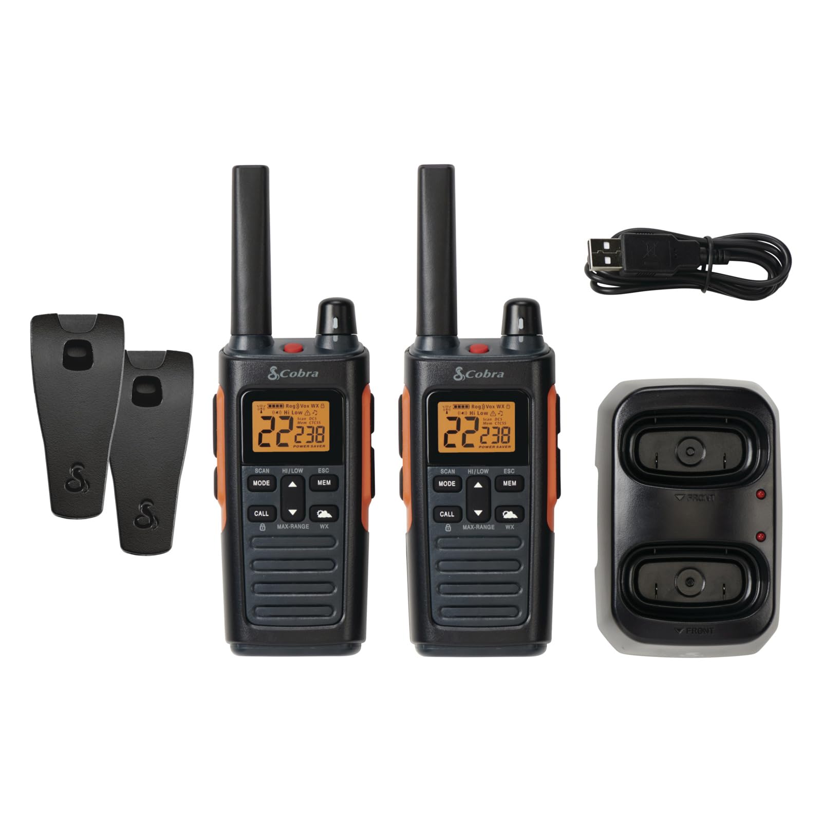 RX680 Walkie Talkies (2-Pack) - Rugged & Splashproof Two Way Radios Long Range, IP54 Water Resistant Design, 60 Pre-Programmed Channels, Weather Alerts, Included Charging Dock (Black/Orange)