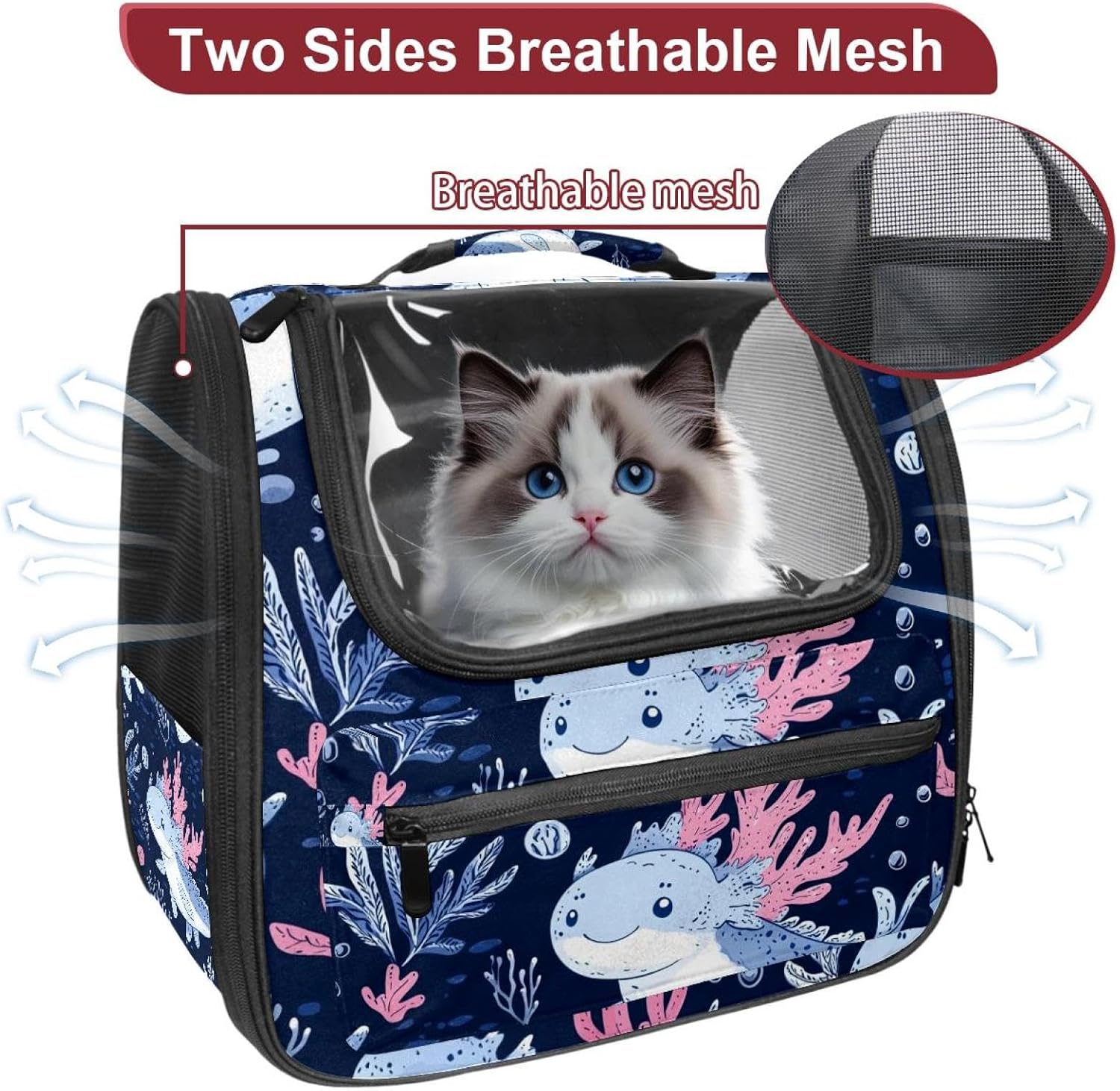 Portable Travel pet Backpack Carrier Hamster Bag Small Dog cat Carrier Breathable Hang Bag, Axolotl
